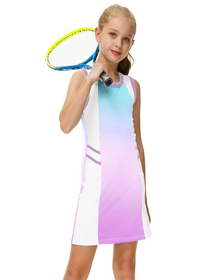 AOBUTE Girls Tennis Outfit Golf Tank Dress 2 Piece Sleeveless Outdoor Sports Clothes Set Gradient Purple 6-7 Years - Image 1